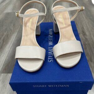 Stuart Weitzman White Leather Ankle Strap Block Heel Sandals 9.5